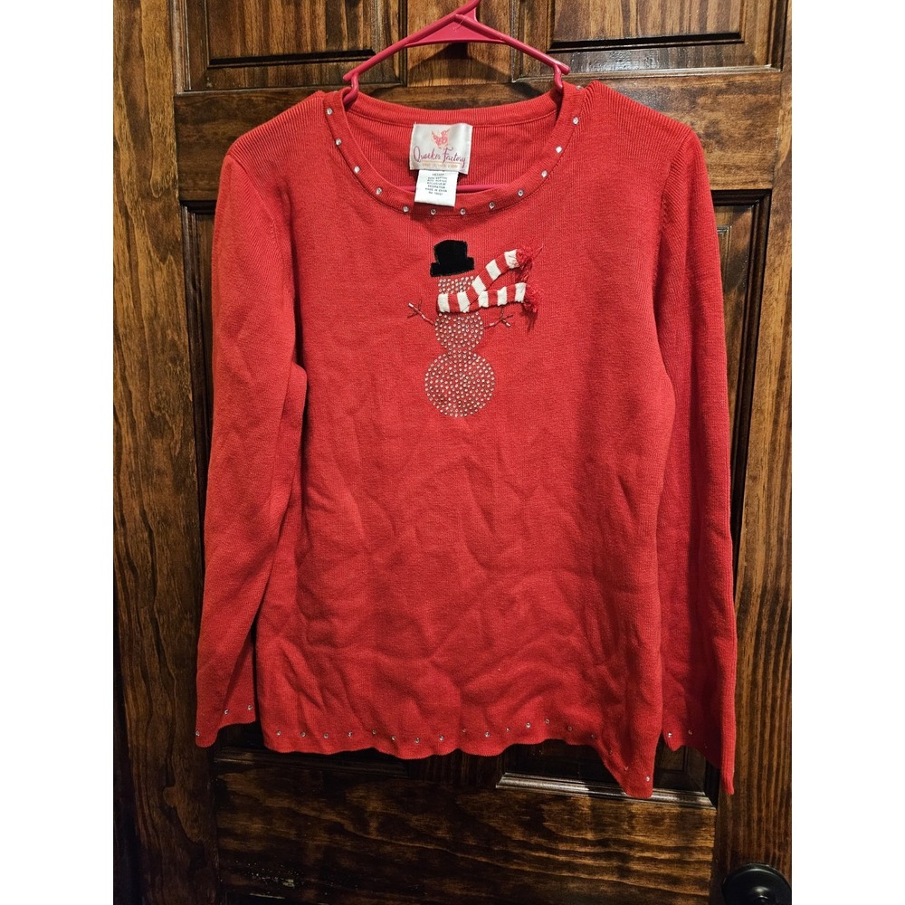 Quacker Factory Red Snowman Christmas Sweater Gemstone Embellished Top Medium